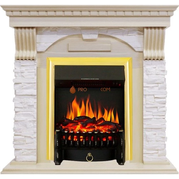 Каминокомплект Royal Flame Dublin - Слоновая кость с патиной / Сланец крем с очагом Fobos FX Brass