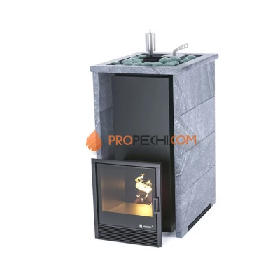 Дровяная печь для бани ИзиСтим Геленджик в трехстороннем кожухе с открытым верхом из талькохлорита