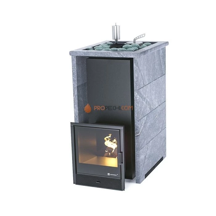 Дровяная печь для бани ИзиСтим Геленджик в трехстороннем кожухе с открытым верхом из талькохлорита