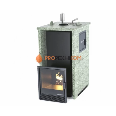 Дровяная печь для бани ИзиСтим Геленджик М2 в трехстороннем кожухе с боковым подключением из жадеита