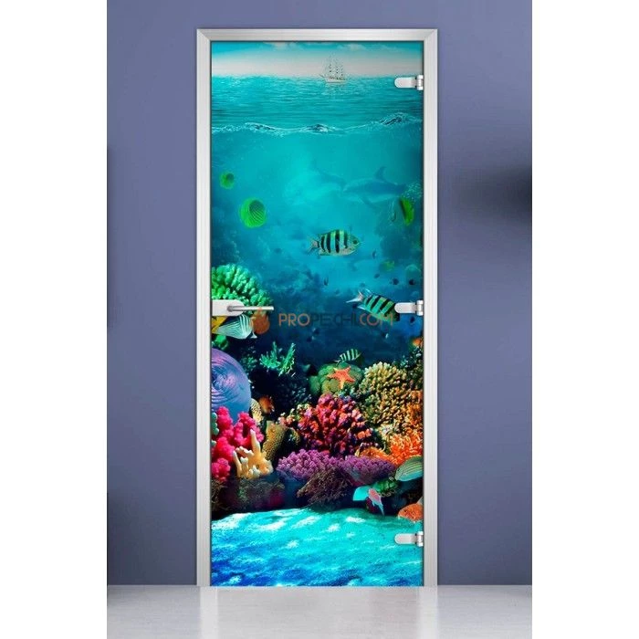 Стеклянная межкомнатная дверь DoorWood с фотопечатью Underwater World-19, 2000х800 мм