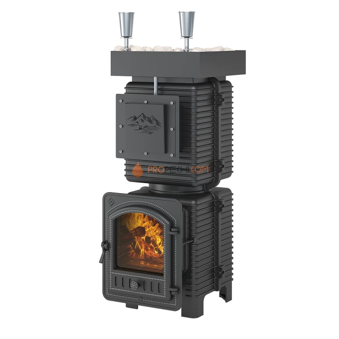 Чугунная печь для бани Эверест Легкий пар Профи под обкладку Б/В (закрытая каменка из нерж. стали)