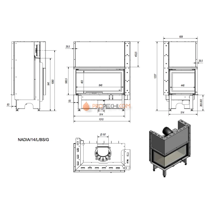 Каминная топка стальная Kratki NADIA/14/L/BS/G (гильотина) (14 кВт)