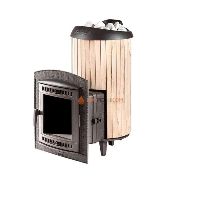 Чугунная печь для бани Атмосфера XL Про ламели Окаменевшее дерево перенесенный рисунок