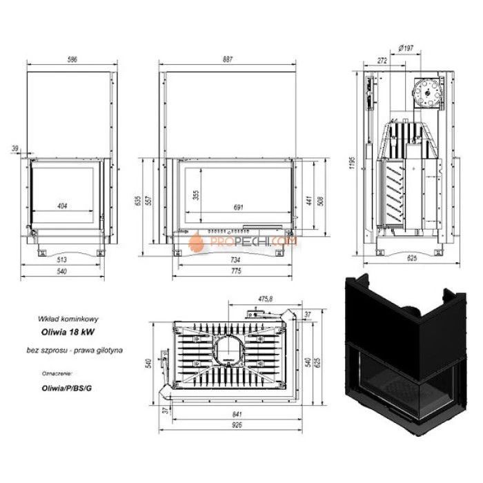 Каминная топка Kratki Oliwia/P/BS/G (угловое стекло справа,гильотина)