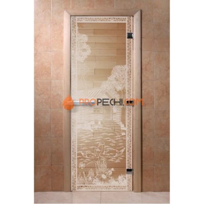 Дверь для бани DoorWood с рисунком Банька в лесу Прозрачная, 1900x800 мм