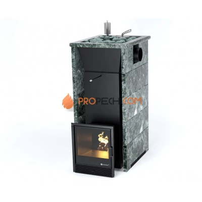 Дровяная печь для бани ИзиСтим Геленджик в трехстороннем кожухе с открытым верхом с боковым подключением из змеевика
