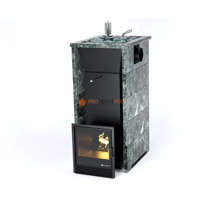 Дровяная печь для бани ИзиСтим Геленджик в трехстороннем кожухе с открытым верхом с боковым подключением из змеевика