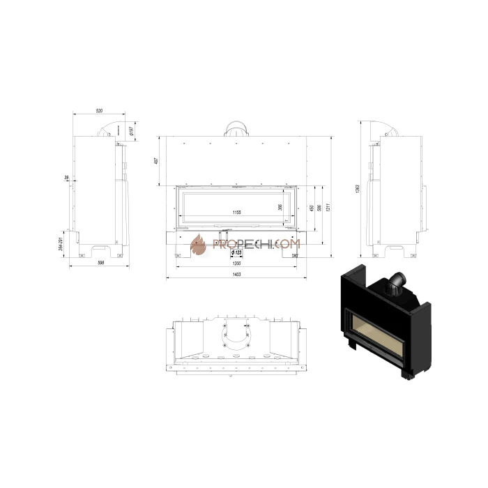 Каминная топка стальная Kratki MB120/G (22 кВт)