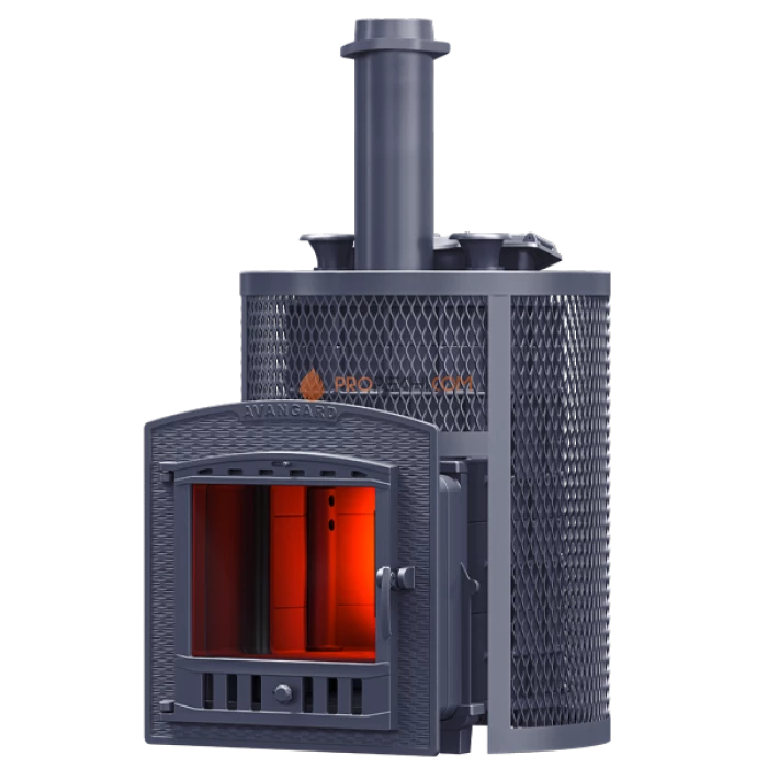 Чугунная печь для бани Гефест Авангард ЗК 30П2 Ураган в круглой сетке