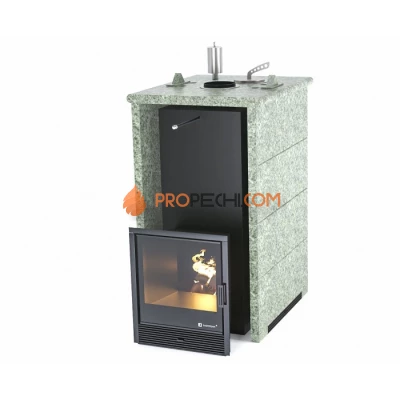 Дровяная печь для бани ИзиСтим Геленджик в трехстороннем кожухе из жадеита