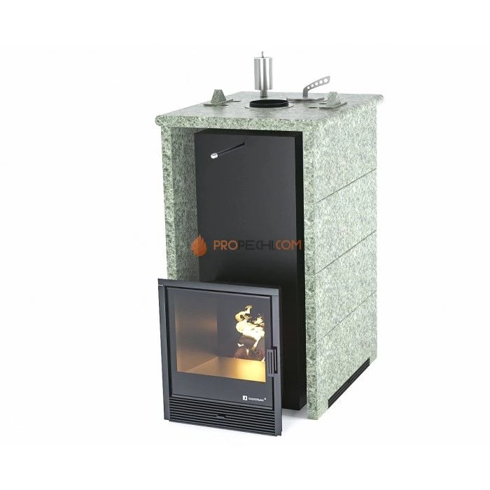 Дровяная печь для бани ИзиСтим Геленджик в трехстороннем кожухе из жадеита