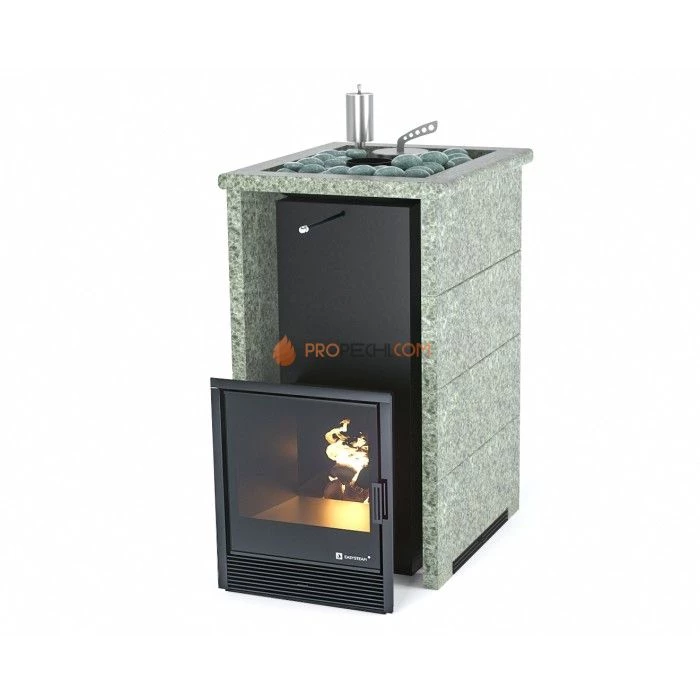Дровяная печь для бани ИзиСтим Сочи в трехстороннем кожухе с открытым верхом из жадеита