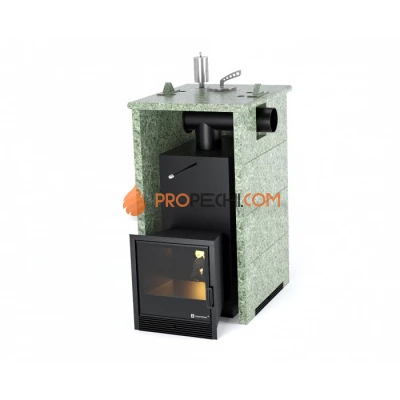 Дровяная печь для бани ИзиСтим Анапа в трехстороннем кожухе с боковым подключением из жадеита