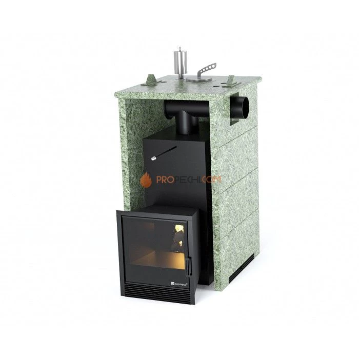 Дровяная печь для бани ИзиСтим Анапа в трехстороннем кожухе с боковым подключением из жадеита