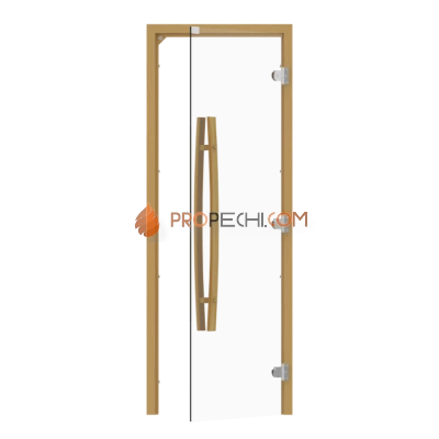 Дверь для бани стеклянная SAWO 741-3SCA-L-1 7/19, прозрачная, левая, без порога, осина, изогнутая ручка