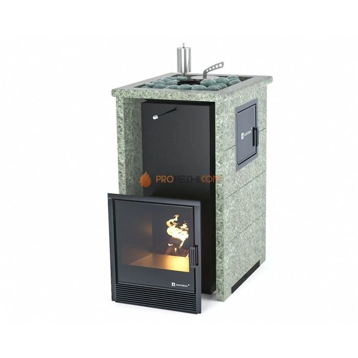 Дровяная печь для бани ИзиСтим Сочи М2 в трехстороннем кожухе с открытым верхом из жадеита