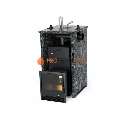 Дровяная печь для бани ИзиСтим Анапа в трехстороннем кожухе с боковым подключением из пироксенита