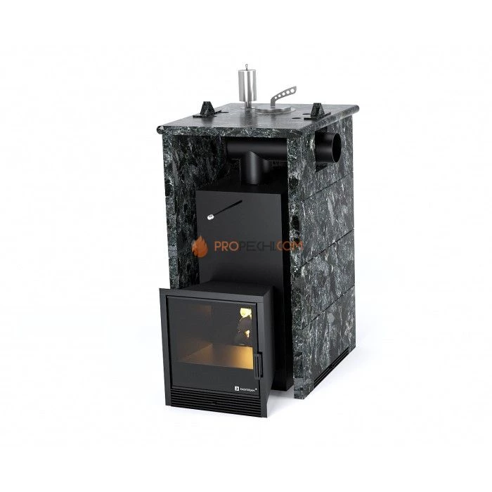 Дровяная печь для бани ИзиСтим Анапа в трехстороннем кожухе с боковым подключением из пироксенита
