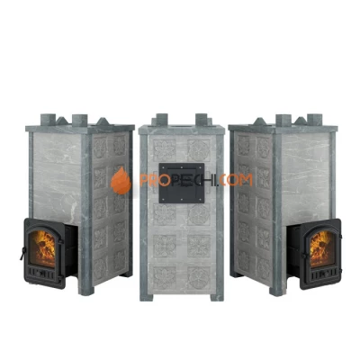 Печь для бани Эверест Легкий пар Профи в облицовке Талькохлорит, Резная (3 стороны) S-50 мм