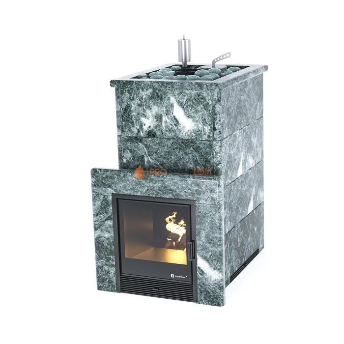 Дровяная печь для бани ИзиСтим Геленджик в полноценном кожухе с открытым верхом из змеевика