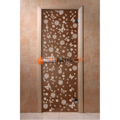 Дверь для бани DoorWood с рисунком Цветы и бабочки Бронза, 2100x700 мм