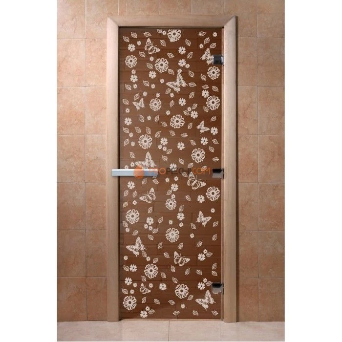 Дверь для бани DoorWood с рисунком Цветы и бабочки Бронза, 2100x700 мм