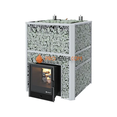 Дровяная печь для бани ИзиСтим Ялта 80 К/2024 в кожухе Хохлома серый