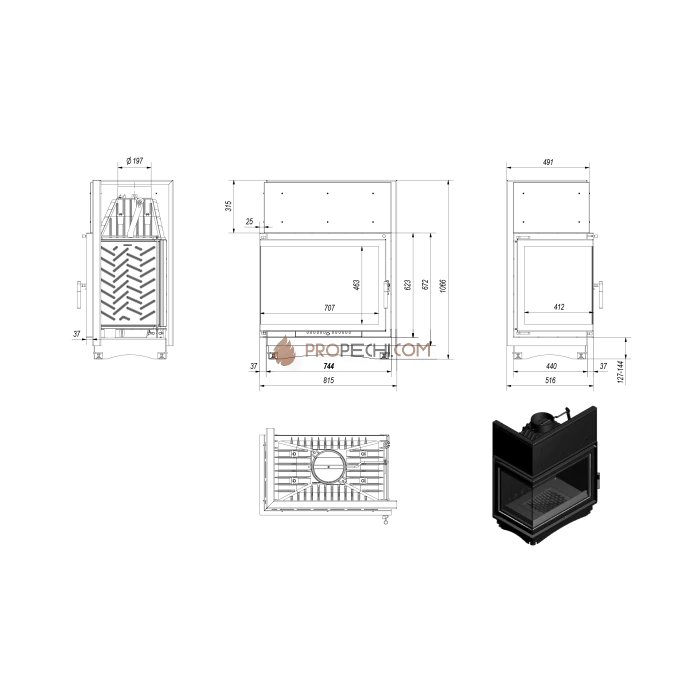 Каминная топка Kratki Amelia/L/BS (угловое стекло слева)