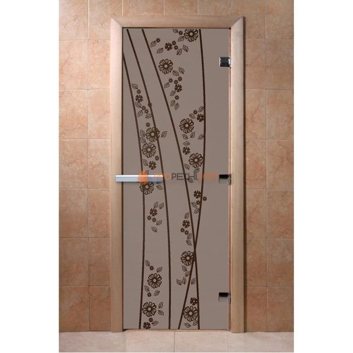 Дверь для бани DoorWood с рисунком Весна цветы Черный жемчуг матовая, 2000x800 мм