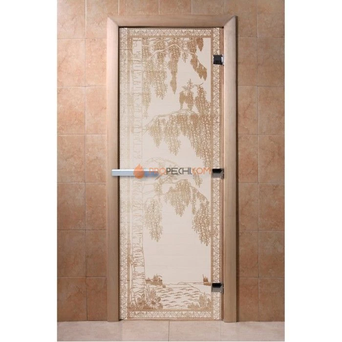 Дверь для бани DoorWood с рисунком Березка Сатин, 2000x900 мм