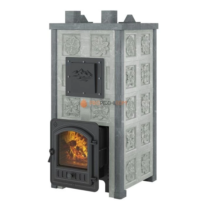 Печь для бани Эверест Легкий пар Профи в облицовке Талькохлорит, Резная (3 стороны + фасад) S-50 м