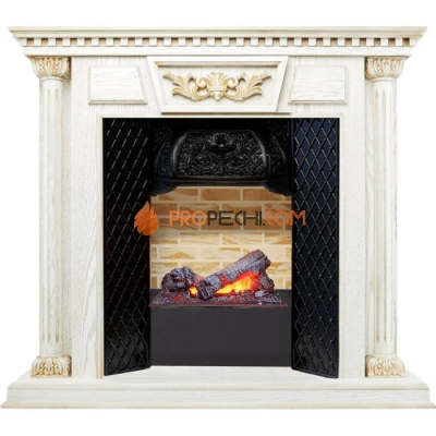 Каминокомплект Dimplex Olympia - Белый дуб, патина с золотом / Кирпич с очагом Cassette 400 NH