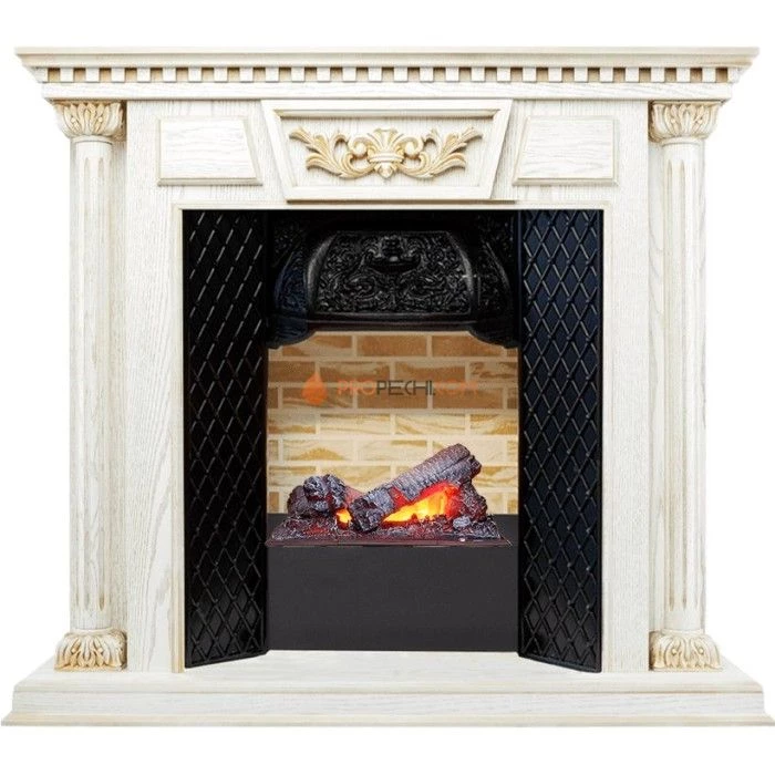 Каминокомплект Dimplex Olympia - Белый дуб, патина с золотом / Кирпич с очагом Cassette 400 NH