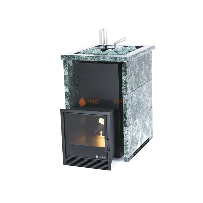 Дровяная печь для бани ИзиСтим Анапа в трехстороннем кожухе с открытым верхом из пироксенита