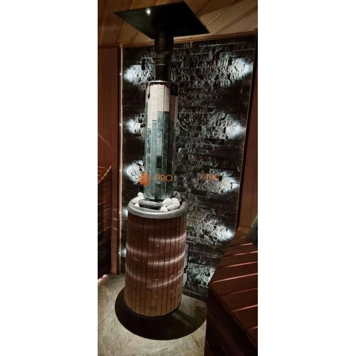 Чугунная печь для бани Атмосфера в ламелях Окаменевшее дерево перенесенный рисунок до 22 м³