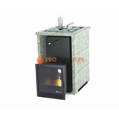Дровяная печь для бани ИзиСтим Анапа в трехстороннем кожухе с открытым верхом из жадеита