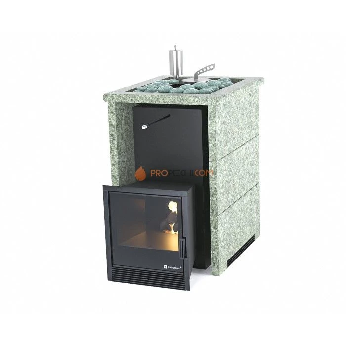 Дровяная печь для бани ИзиСтим Анапа в трехстороннем кожухе с открытым верхом из жадеита