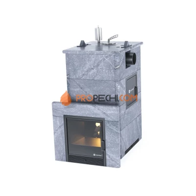 Дровяная печь для бани ИзиСтим Анапа М2 в полноценном кожухе с боковым подключением из талькохлорита