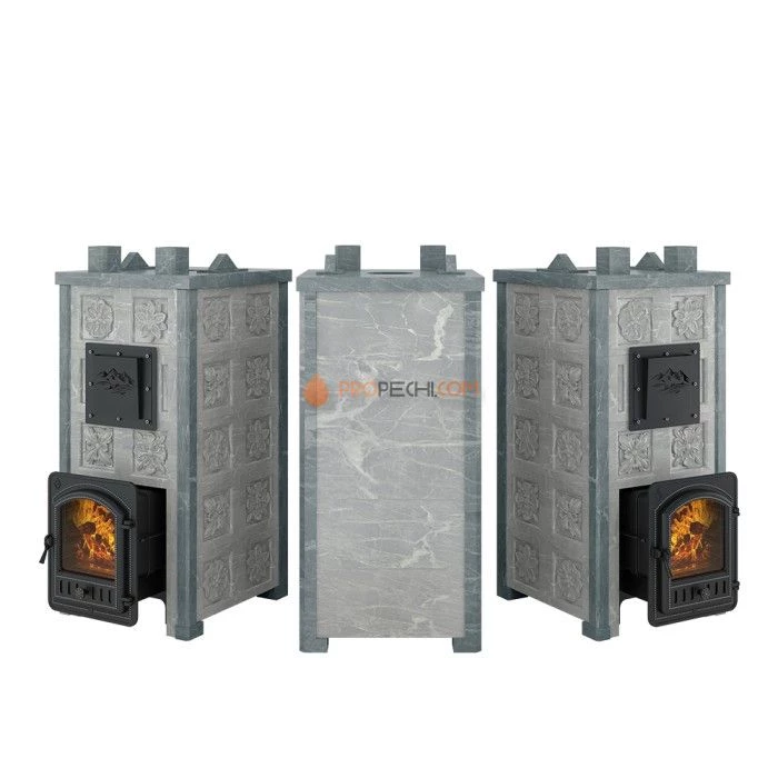 Печь для бани Эверест Легкий пар Профи в облицовке Талькохлорит, Резная (2 стороны + фасад) S-50 м