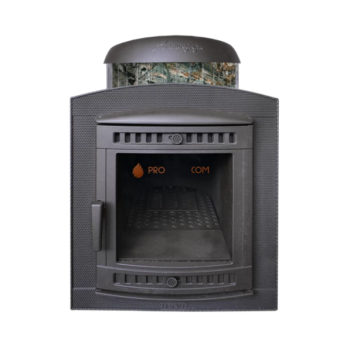 Чугунная печь для бани Атмосфера в ламелях Жадеит перенесенный рисунок до 22 м³