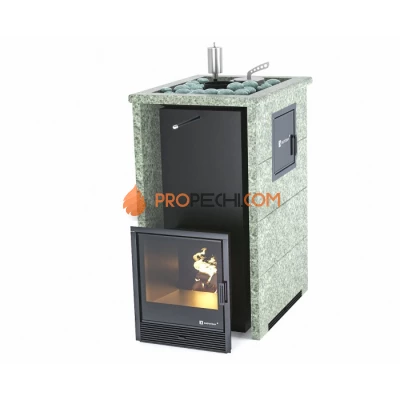 Дровяная печь для бани ИзиСтим Геленджик М2 в трехстороннем кожухе с открытым верхом из жадеита
