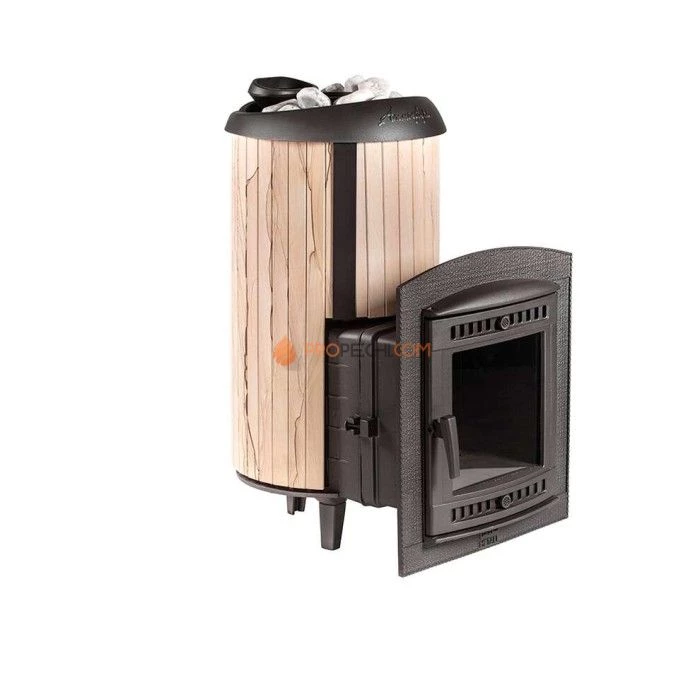 Чугунная печь для бани Атмосфера XL Про ламели Окаменевшее дерево перенесенный рисунок