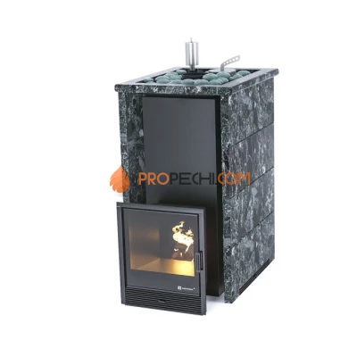 Дровяная печь для бани ИзиСтим Геленджик в трехстороннем кожухе с открытым верхом из пироксенита