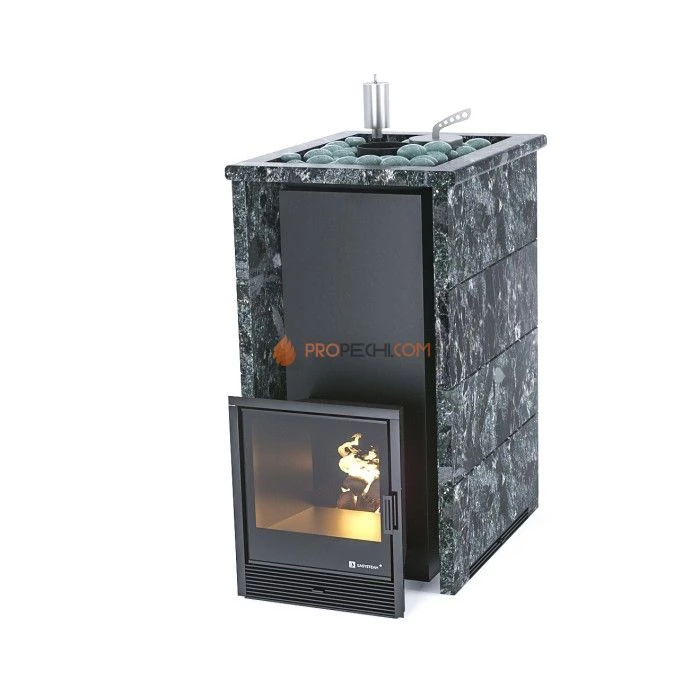 Дровяная печь для бани ИзиСтим Геленджик в трехстороннем кожухе с открытым верхом из пироксенита