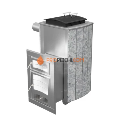 Дровяная печь для бани Инжкомцентр ВВД Чародейка Русский пар PRO (серпентинит Бархат), дымоход сбоку