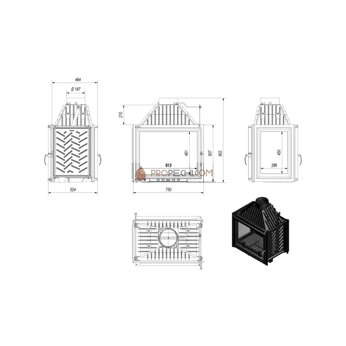 Каминная топка Kratki Amelia/LT (стекло слева-тунель)