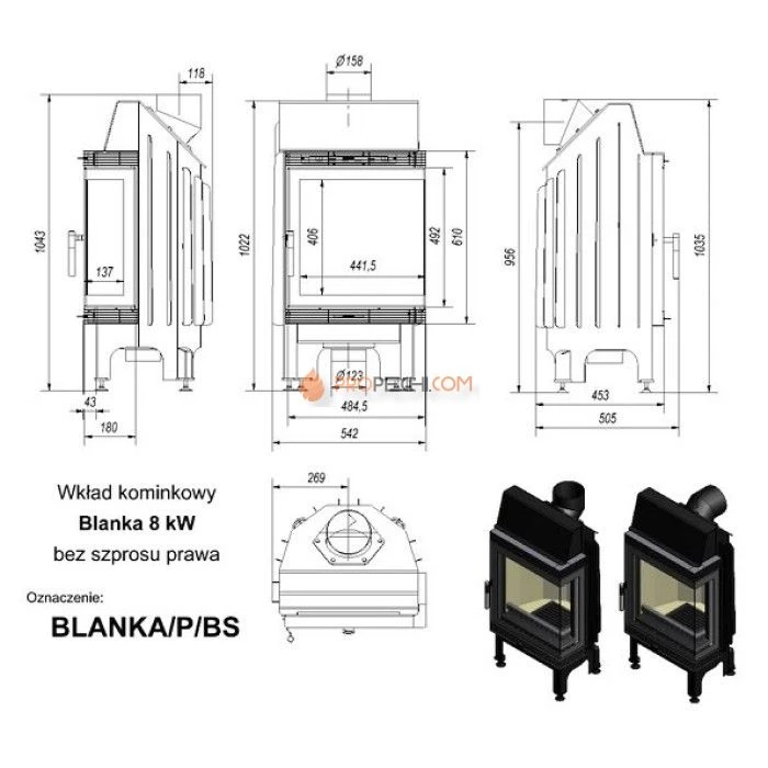 Каминная топка стальная Kratki Blanka/P/BS (угловое стекло справа) (8 кВт)