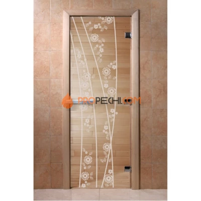 Дверь для бани DoorWood с рисунком Весна цветы Прозрачная, 1700x700 мм