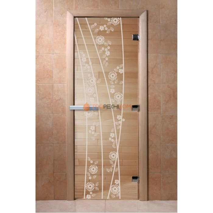 Дверь для бани DoorWood с рисунком Весна цветы Прозрачная, 2000x700 мм